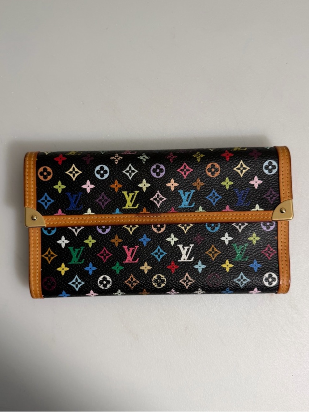 Louis Vuitton Black Multicolor Monogram Trifold Wallet with Tan Trim
